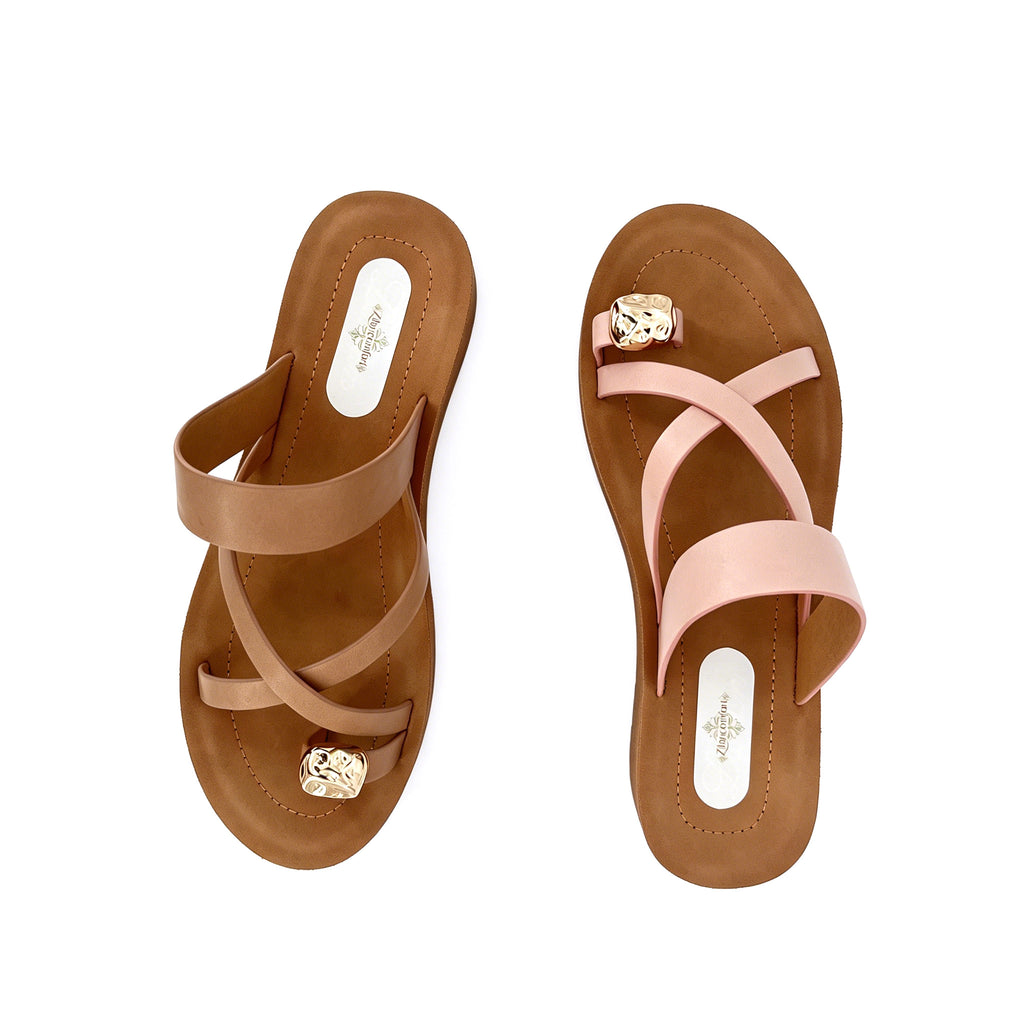 Women's Three-Strap Slip-On Platform Sandals with Gold Tortoiseshell Embossed Toe Ornament | Wood-Texture Mid Wedge