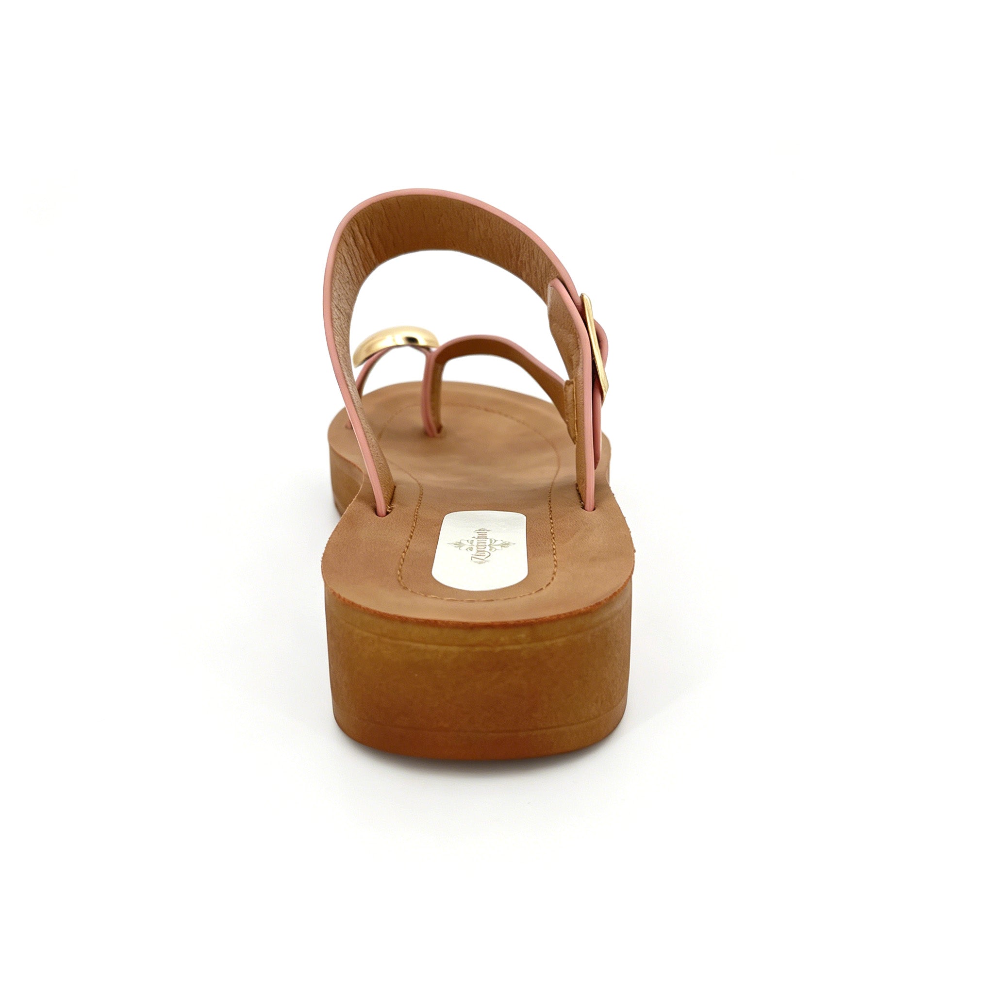 Women's T-Strap Thong Platform Sandals with Gold Square Buckle & Gold Dome Toe Stud | Chunky Wood-Texture Platform