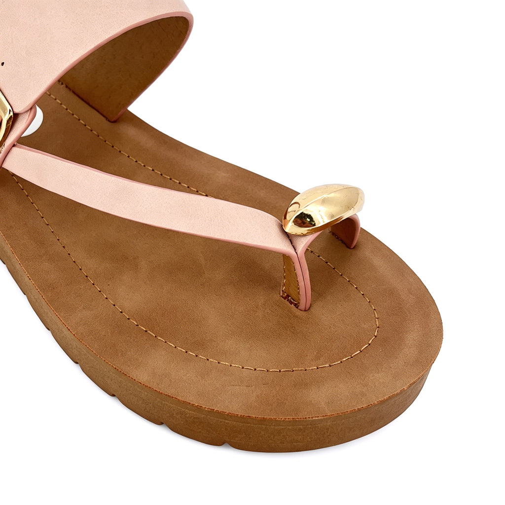Women's T-Strap Thong Platform Sandals with Gold Square Buckle & Gold Dome Toe Stud | Chunky Wood-Texture Platform