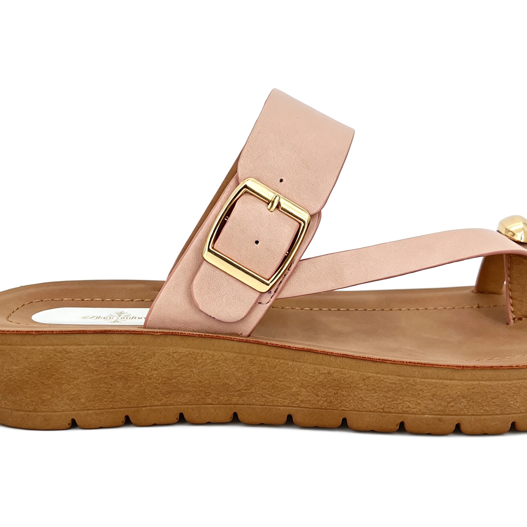 Women's T-Strap Thong Platform Sandals with Gold Square Buckle & Gold Dome Toe Stud | Chunky Wood-Texture Platform