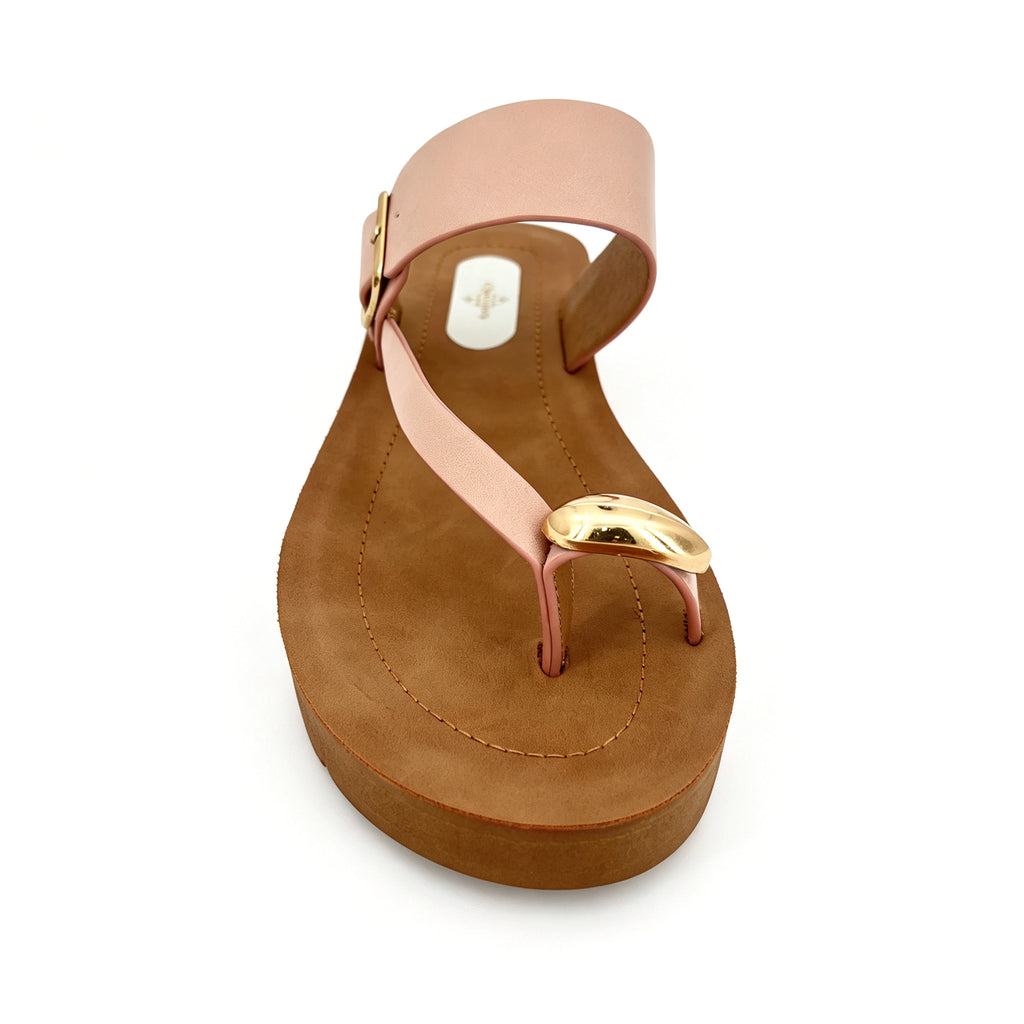 Women's T-Strap Thong Platform Sandals with Gold Square Buckle & Gold Dome Toe Stud | Chunky Wood-Texture Platform