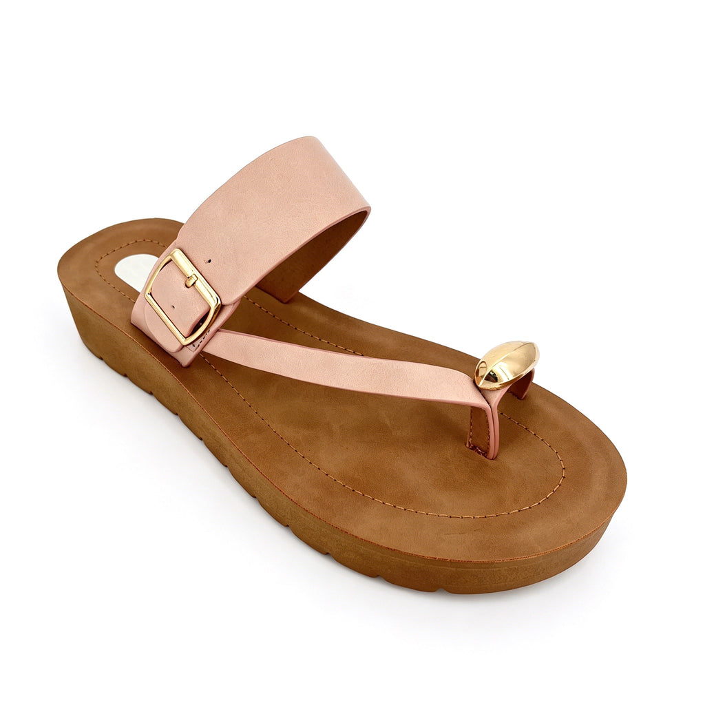 Women's T-Strap Thong Platform Sandals with Gold Square Buckle & Gold Dome Toe Stud | Chunky Wood-Texture Platform