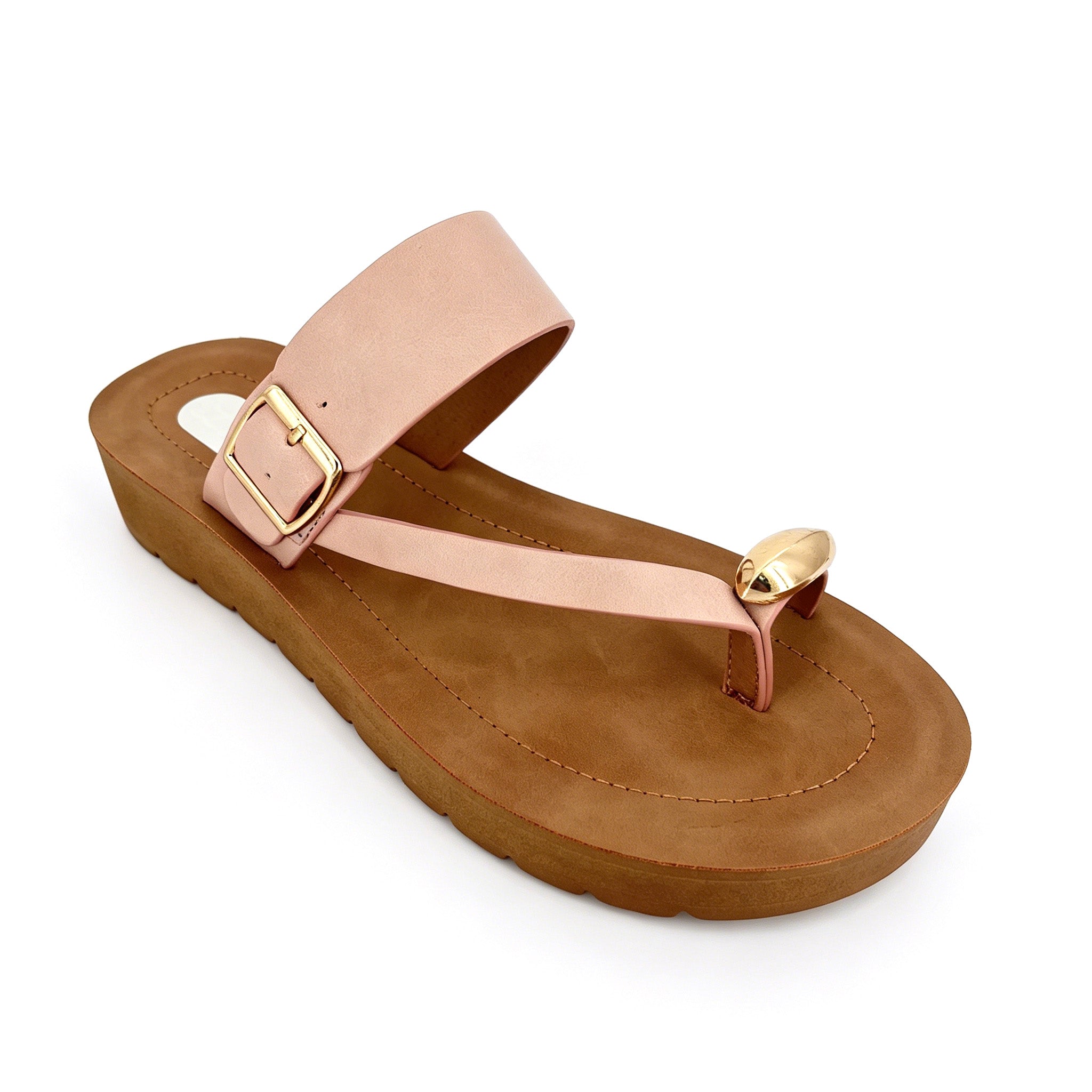 Women's T-Strap Thong Platform Sandals with Gold Square Buckle & Gold Dome Toe Stud | Chunky Wood-Texture Platform