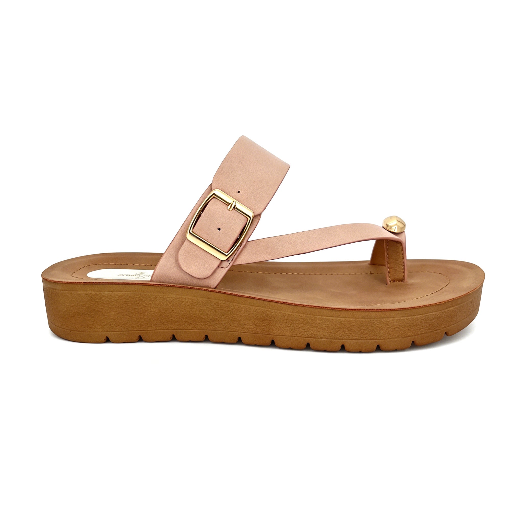 Women's T-Strap Thong Platform Sandals with Gold Square Buckle & Gold Dome Toe Stud | Chunky Wood-Texture Platform