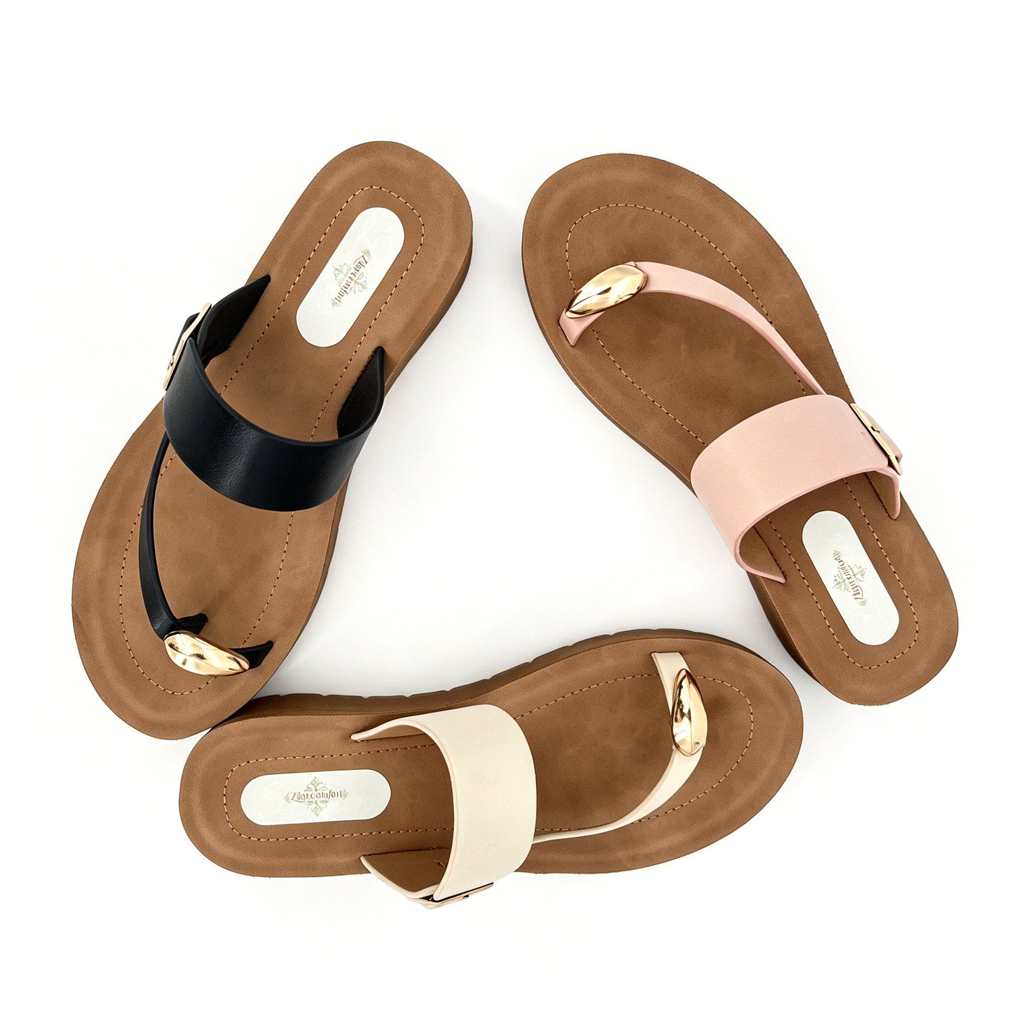Women's T-Strap Thong Platform Sandals with Gold Square Buckle & Gold Dome Toe Stud | Chunky Wood-Texture Platform