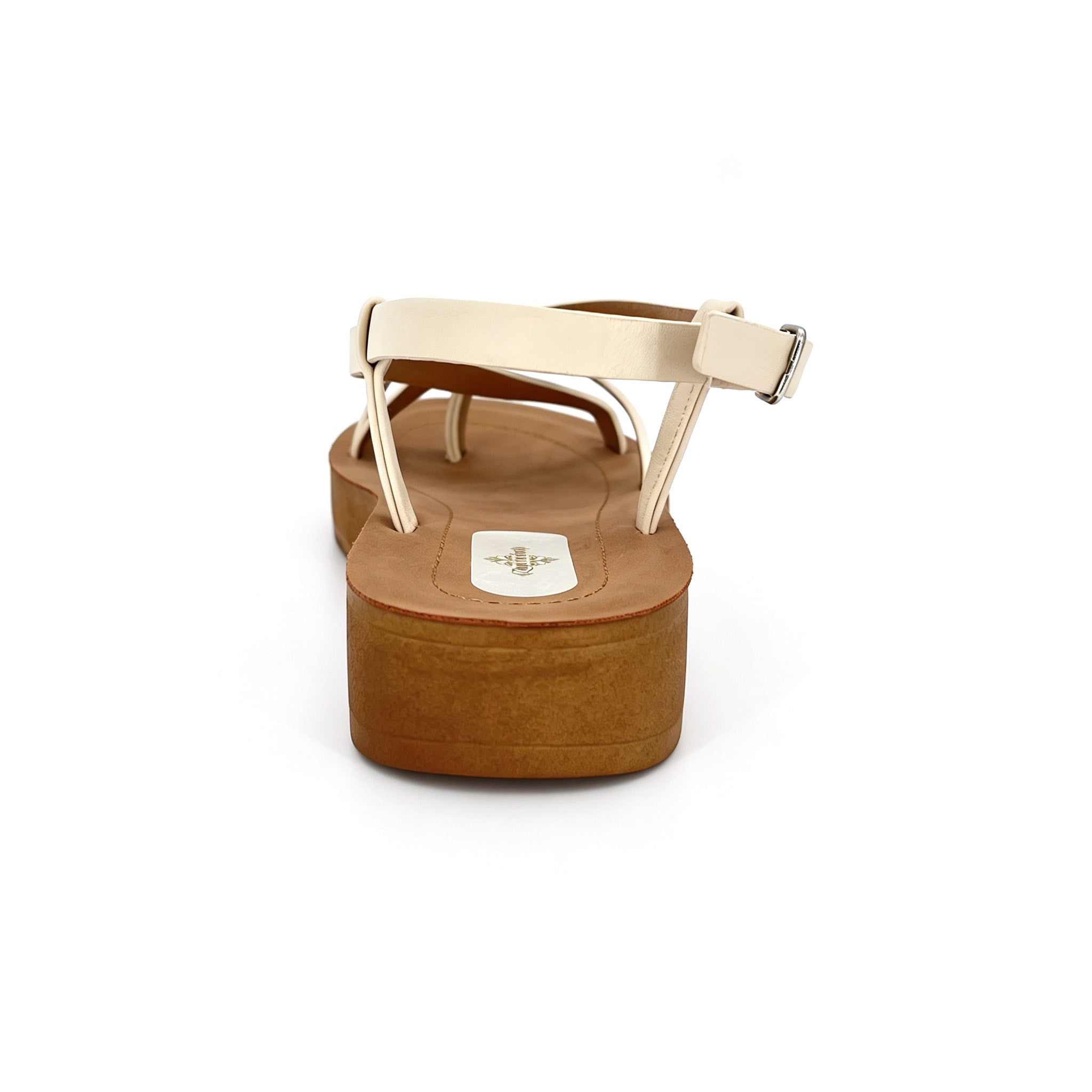 Women's Cross-Strap Slingback Thong Platform Sandals with Gold Flying-Disc Toe Ornament | Wood-Texture Mid Platform