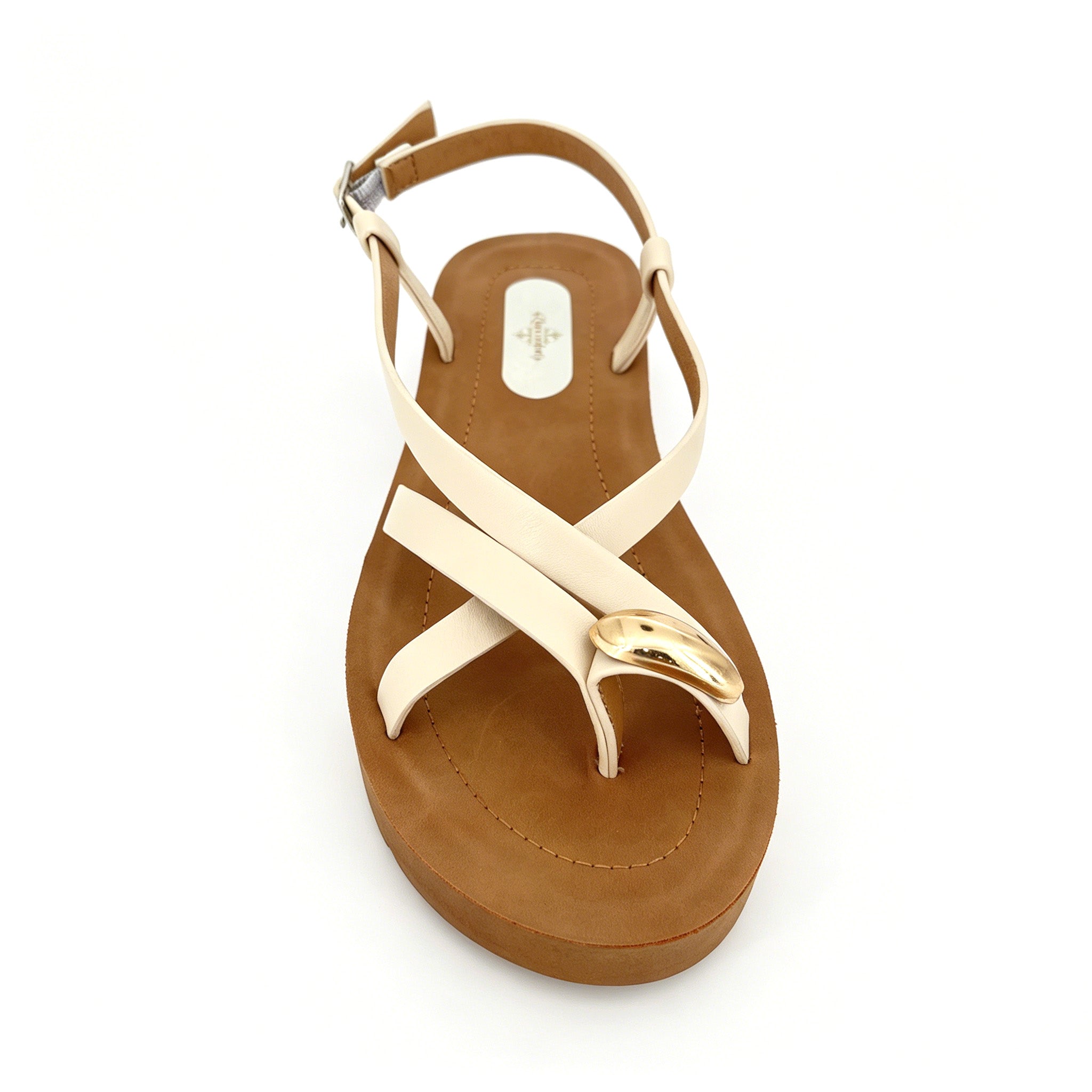 Women's Cross-Strap Slingback Thong Platform Sandals with Gold Flying-Disc Toe Ornament | Wood-Texture Mid Platform