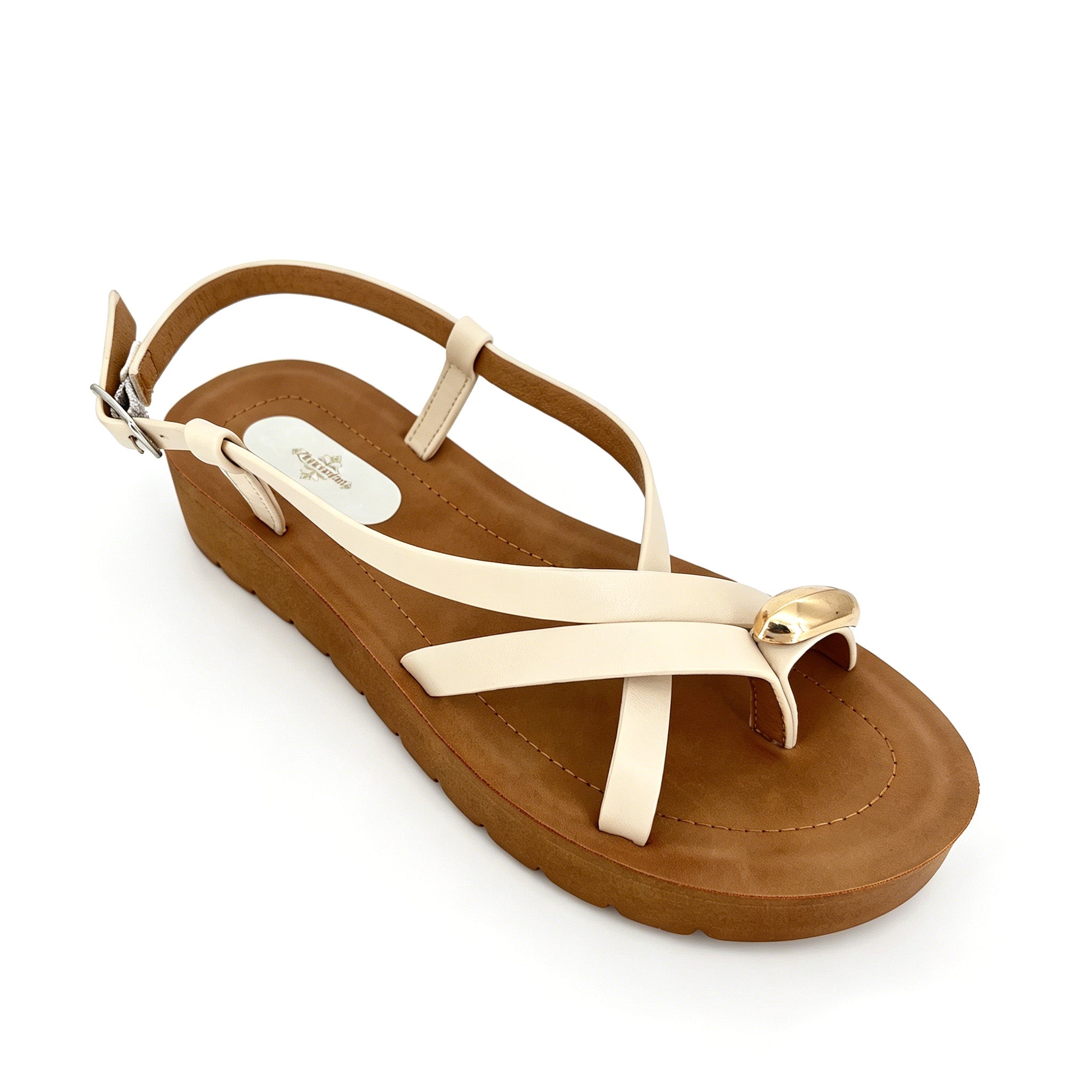 Women's Cross-Strap Slingback Thong Platform Sandals with Gold Flying-Disc Toe Ornament | Wood-Texture Mid Platform