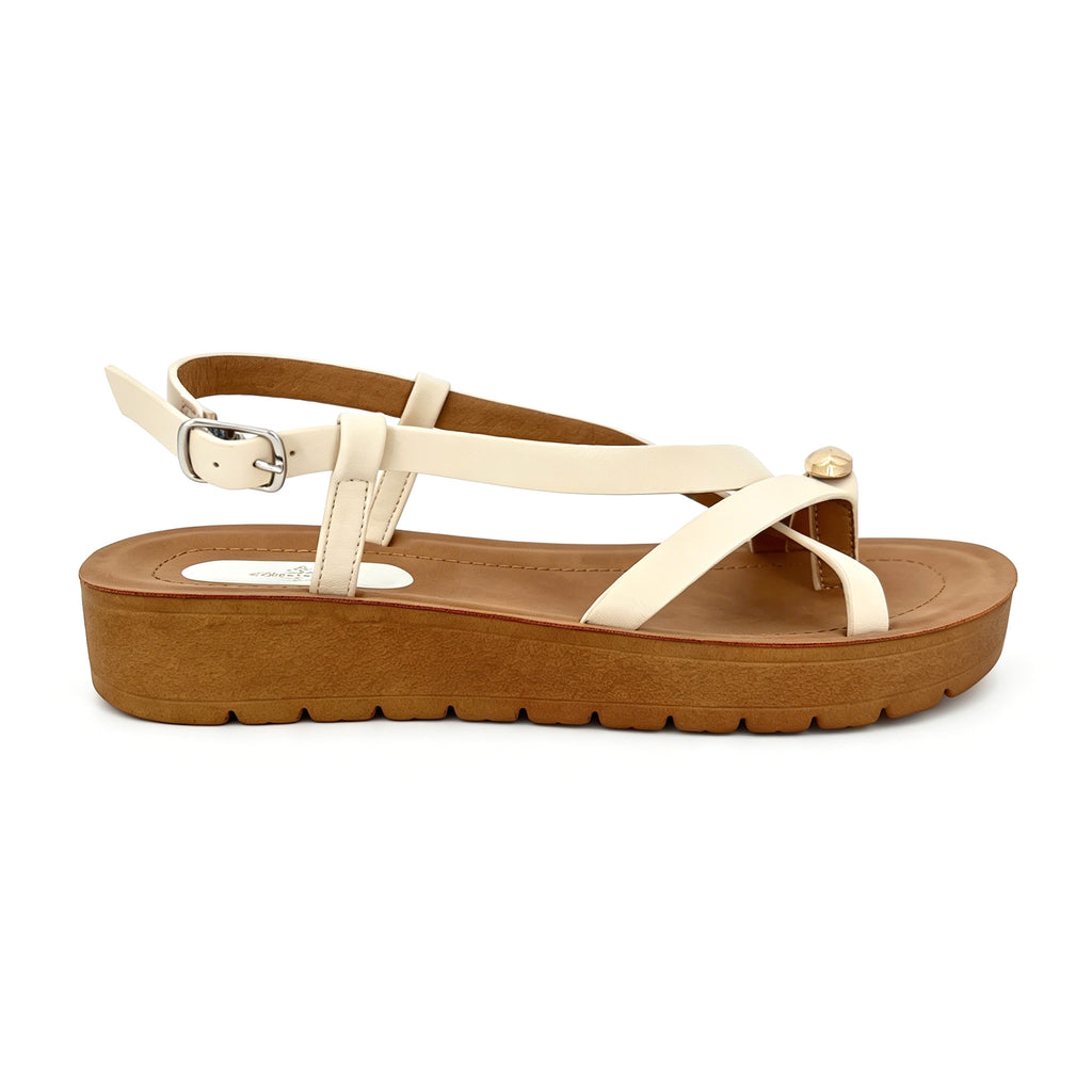 Women's Cross-Strap Slingback Thong Platform Sandals with Gold Flying-Disc Toe Ornament | Wood-Texture Mid Platform