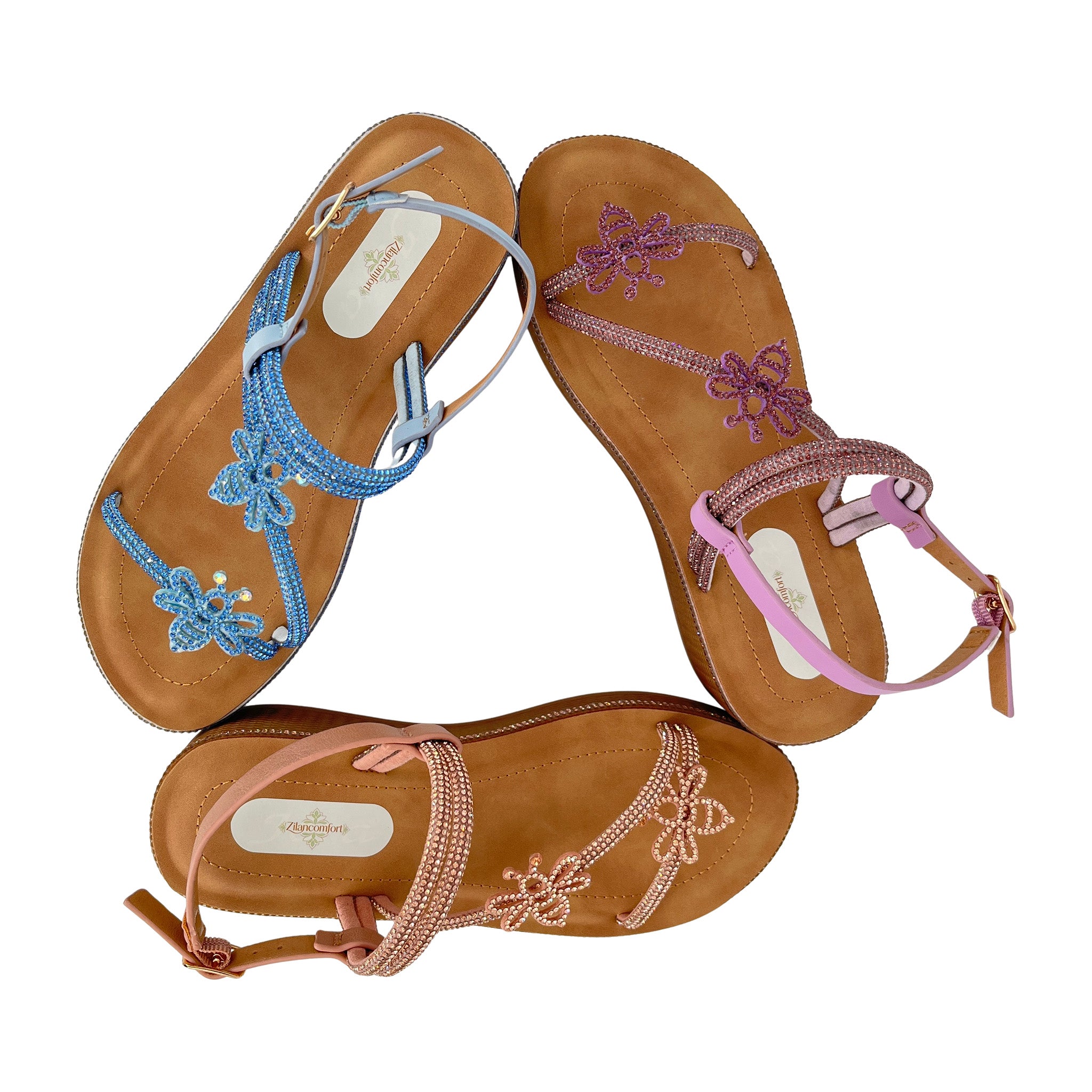 Women's Crystal Butterfly Multi-Strap Wedge Sandals with Ankle Strap | Wholesale Comfort Sandal | Multi-Color | EU 35–41