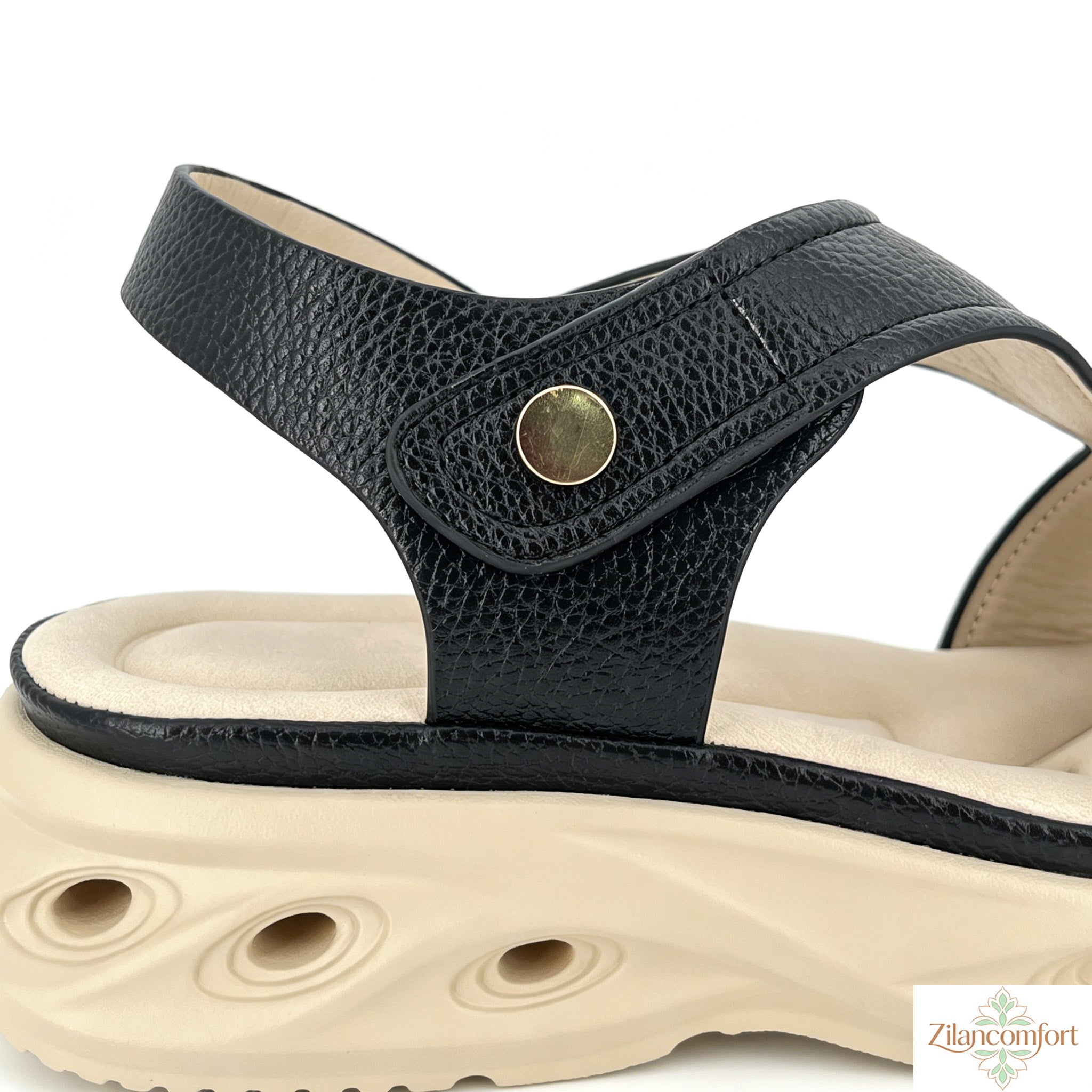 Women's Cut-Out T-Strap Wedge Sandals with Gold Snap Button | Thick Air-Cushion Platform