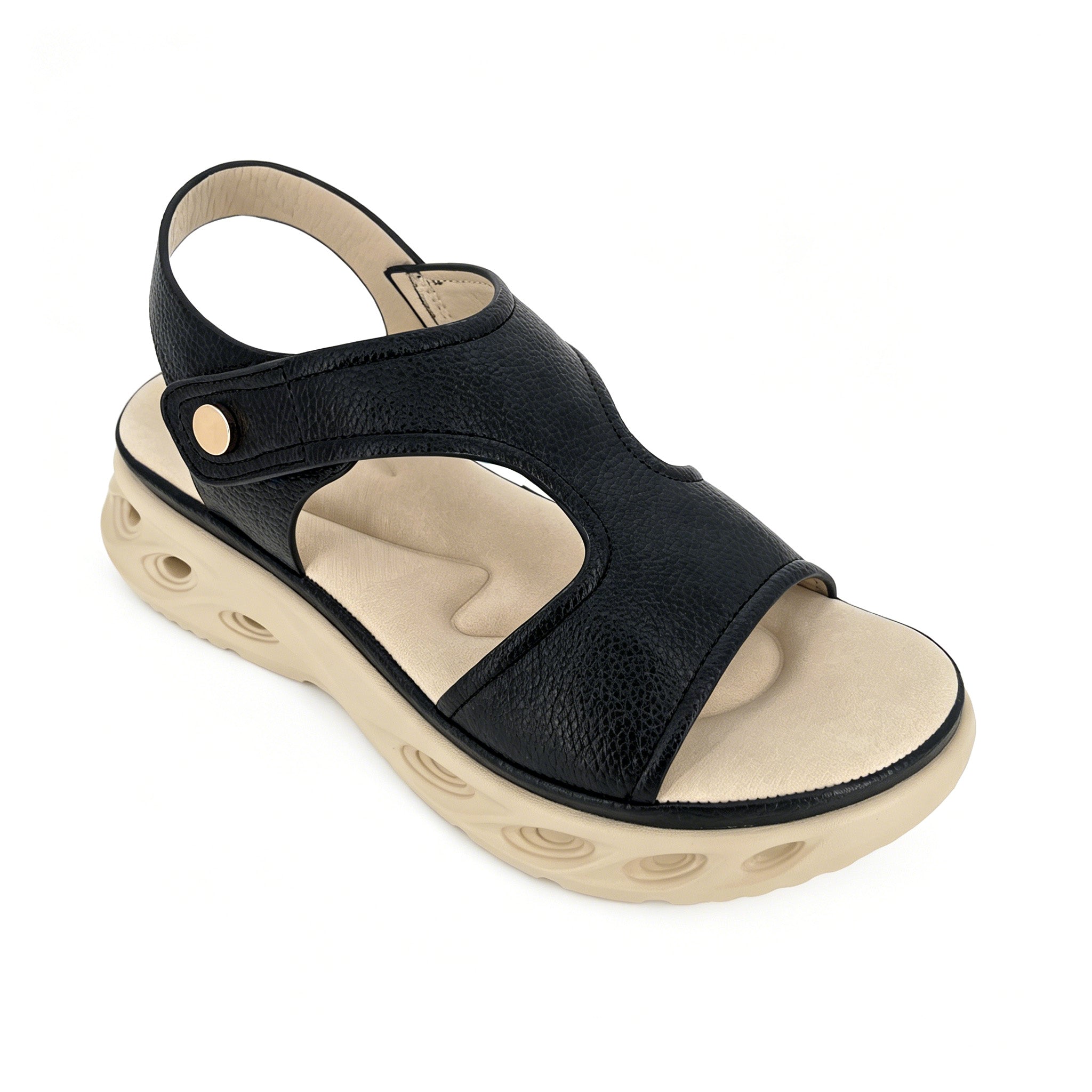 Women's Cut-Out T-Strap Wedge Sandals with Gold Snap Button | Thick Air-Cushion Platform