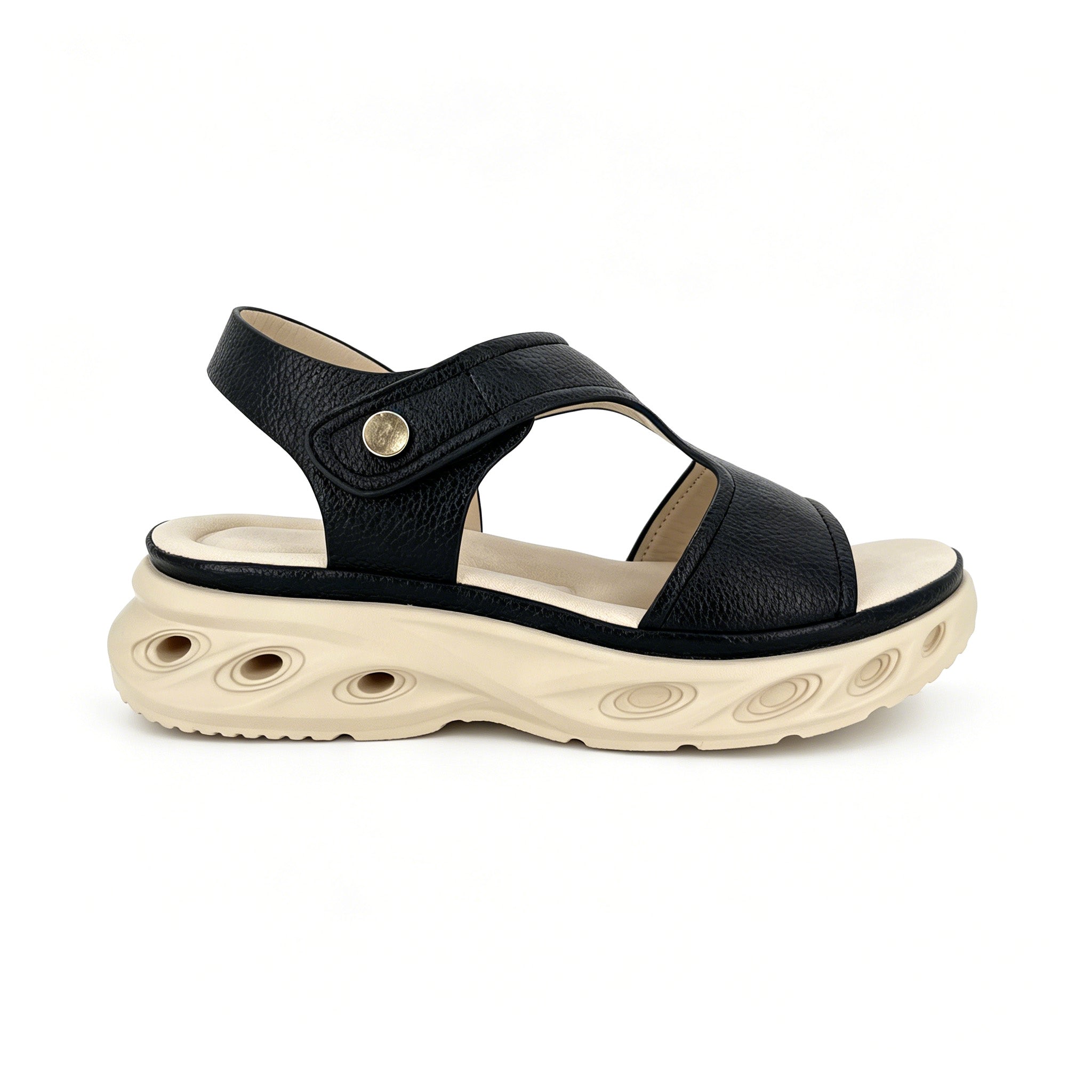 Women's Cut-Out T-Strap Wedge Sandals with Gold Snap Button | Thick Air-Cushion Platform