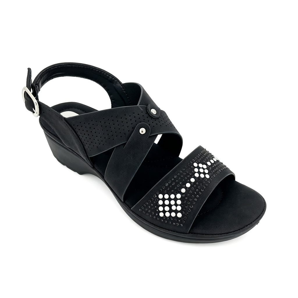 Women's Rhinestone Wedge Sandals | Perforated Cross Strap | Adjustable Buckle Slingback | Wholesale | Multi-Color | EU 35–41