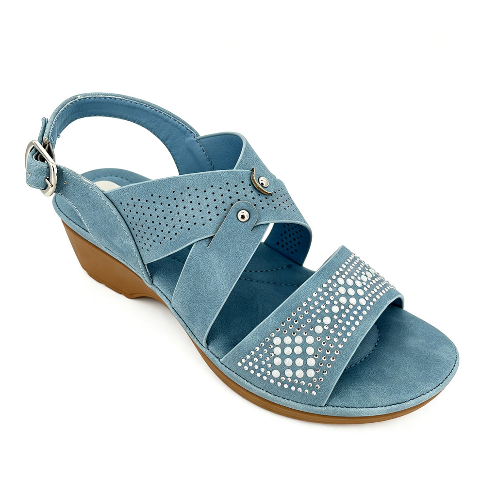 Women's Rhinestone Wedge Sandals | Perforated Cross Strap | Adjustable Buckle Slingback | Wholesale | Multi-Color | EU 35–41
