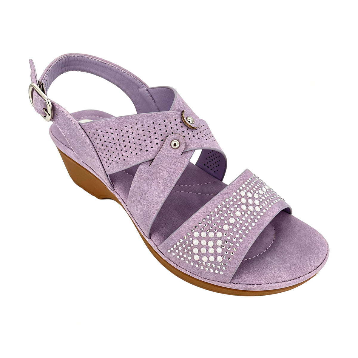 Sandalias de cuña con diamantes de imitación para mujer | Tiras cruzadas perforadas | Tira trasera ajustable con hebilla | Venta al por mayor | Multicolor | EU 35–41