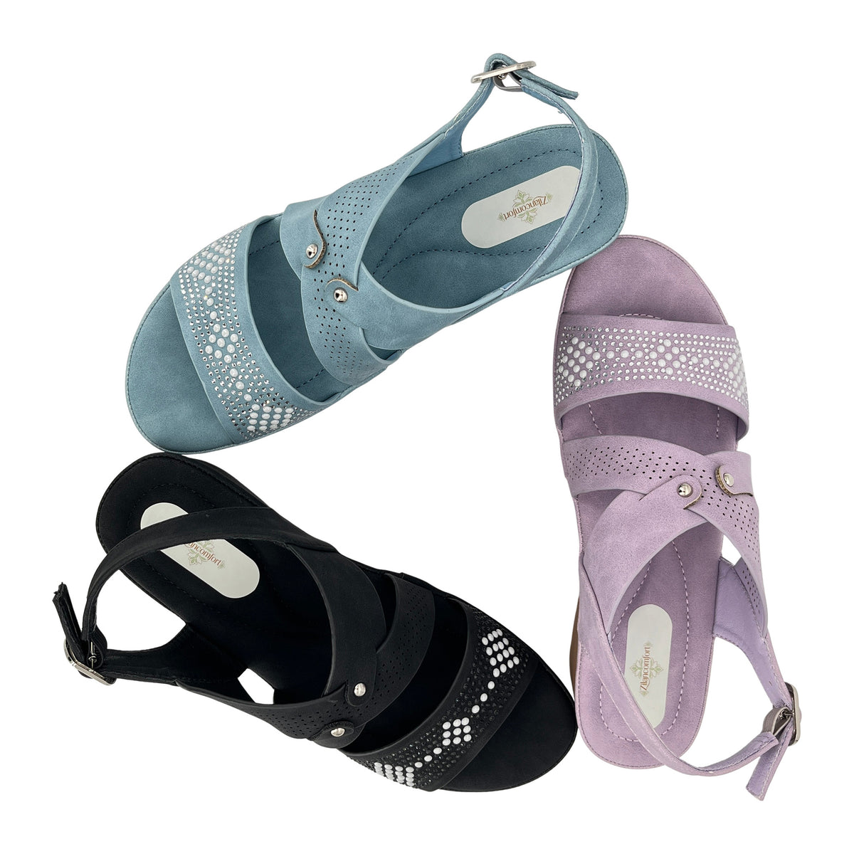 Women's Rhinestone Wedge Sandals | Perforated Cross Strap | Adjustable Buckle Slingback | Wholesale | Multi-Color | EU 35–41